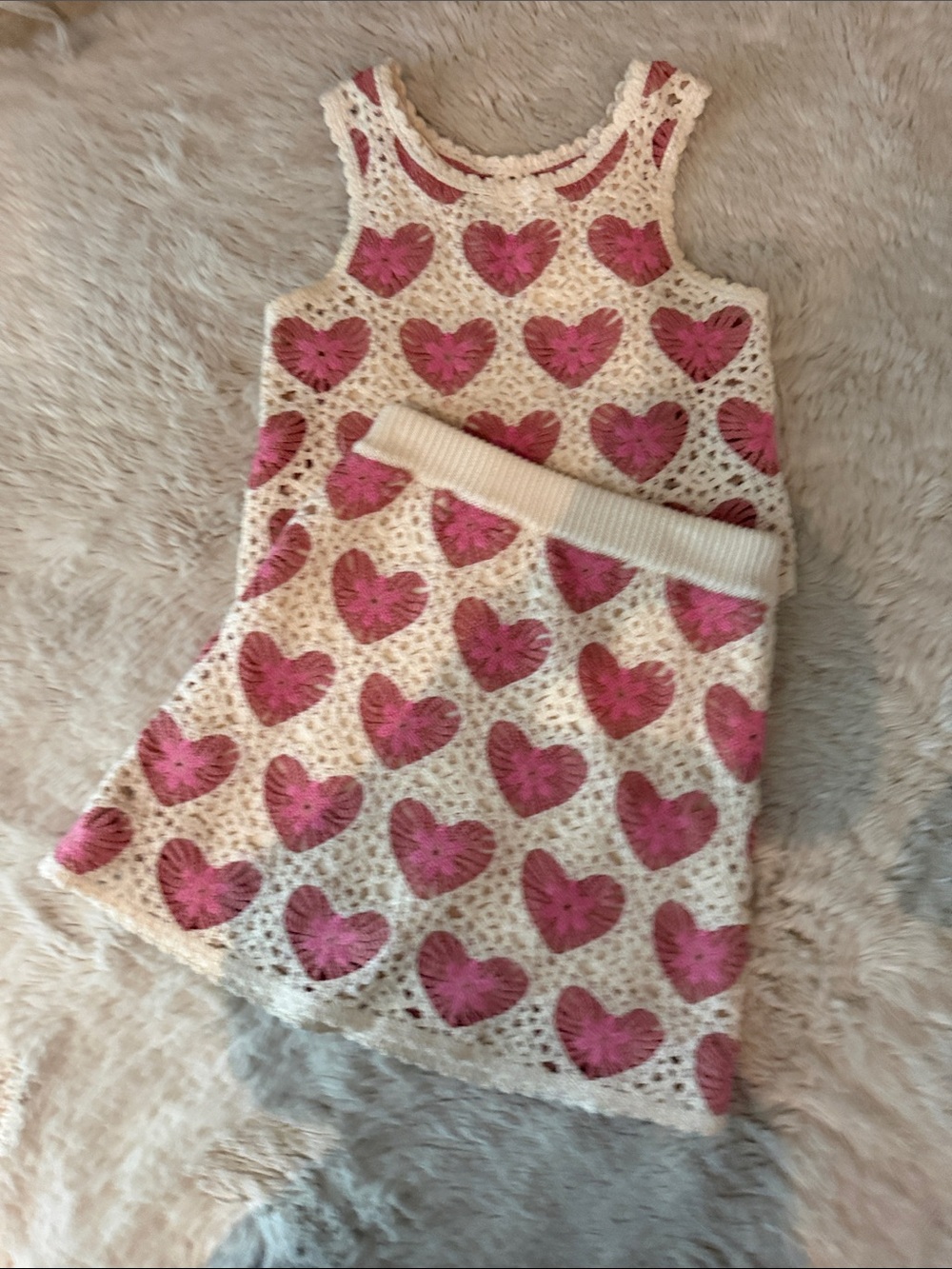 Zara Cream Crochet Nightgown Set with Pink Heart Pattern